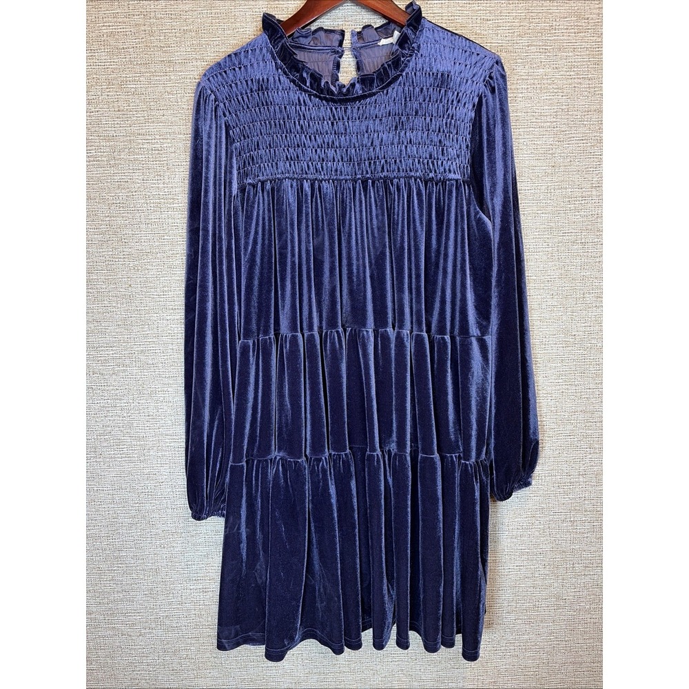 Easel Navy Blue Velvet Tiered Babydoll Dress, Large